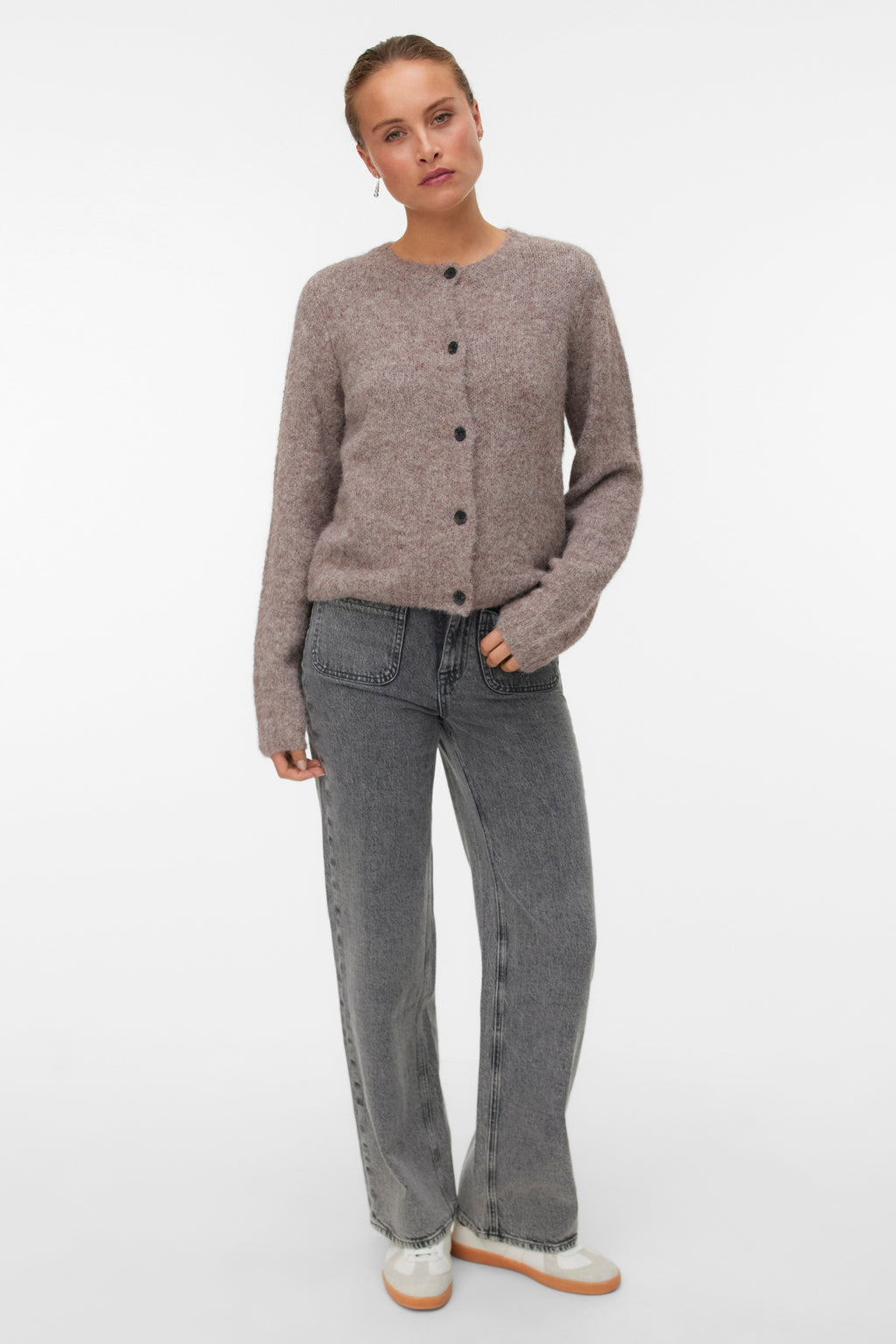 Novah O-Neck Button Cardi - Brown Lentil Melange