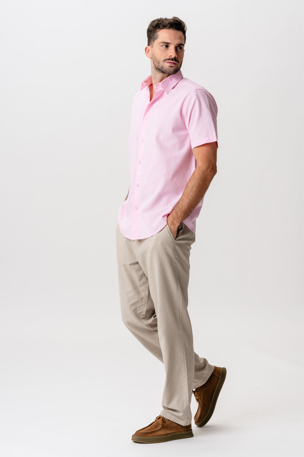 Chemise en lin à manches courtes - Rouge clair