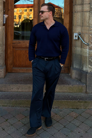 Knitted Long Sleeve Polo - Navy