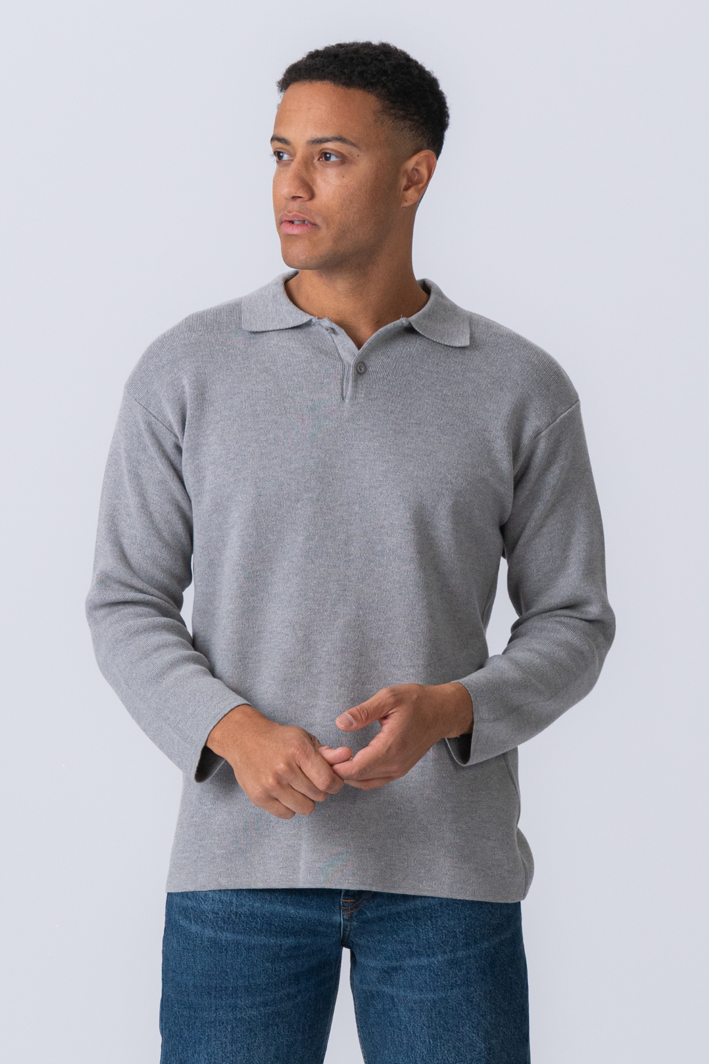 Knitted Long Sleeve Polo - Grey