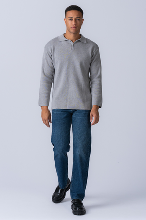 Knitted Long Sleeve Polo - Grey