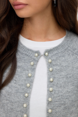 Magalene O-Neck Pearl Cardigan - Medium Grey Melange