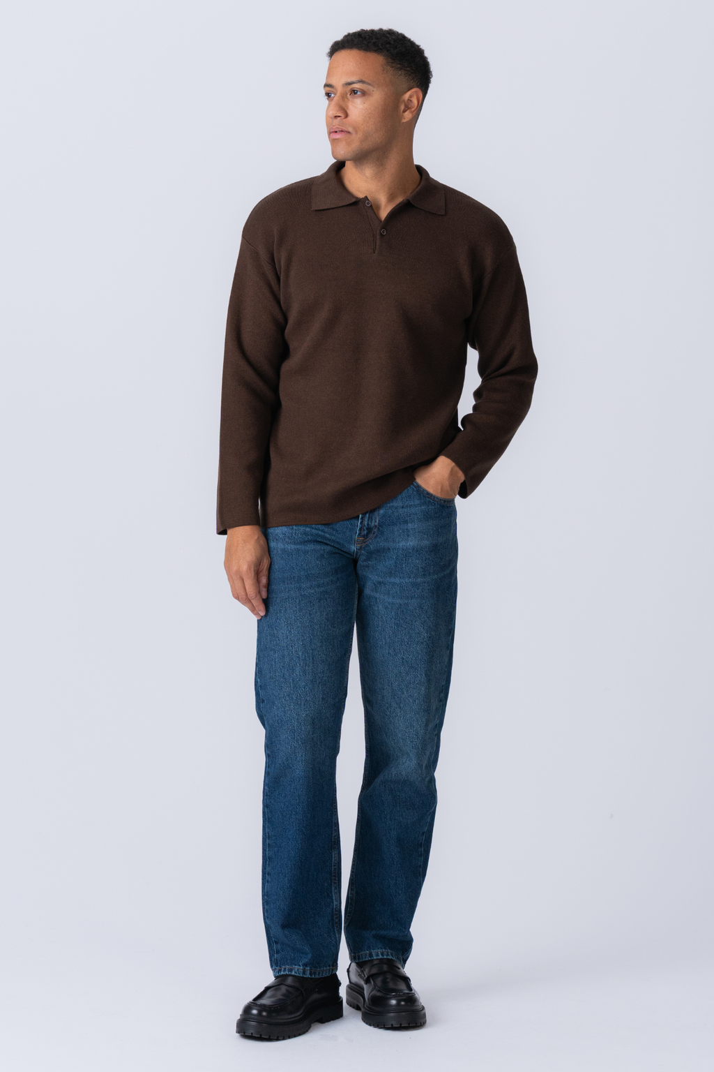 Knitted Long Sleeve Polo - Light Brown