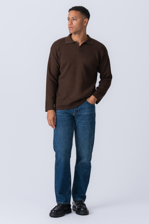 Knitted Long Sleeve Polo - Light Brown