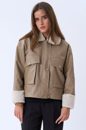 Veste de shearling en cuir en faux cuir - beige