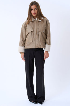 Veste de shearling en cuir en faux cuir - beige