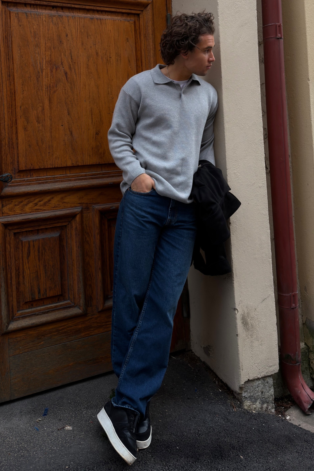 Knitted Long Sleeve Polo - Grey