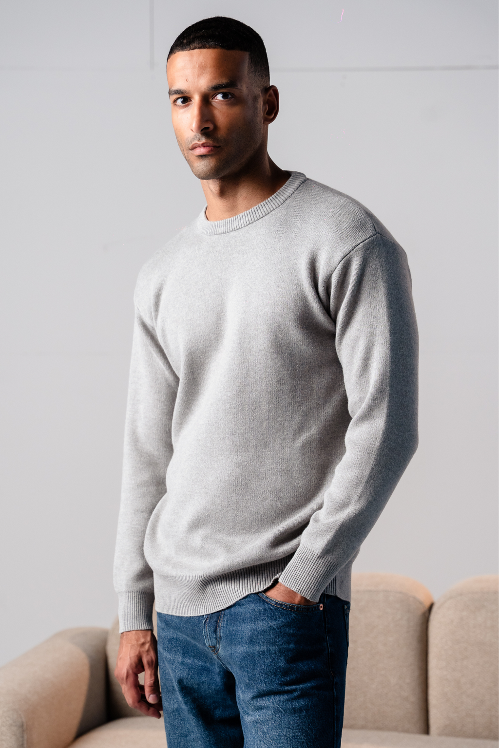 Pull en tricot à chariot d'équipage - gris clair