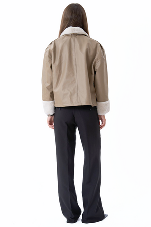 Faux Leather Shearling Jacket - Beige