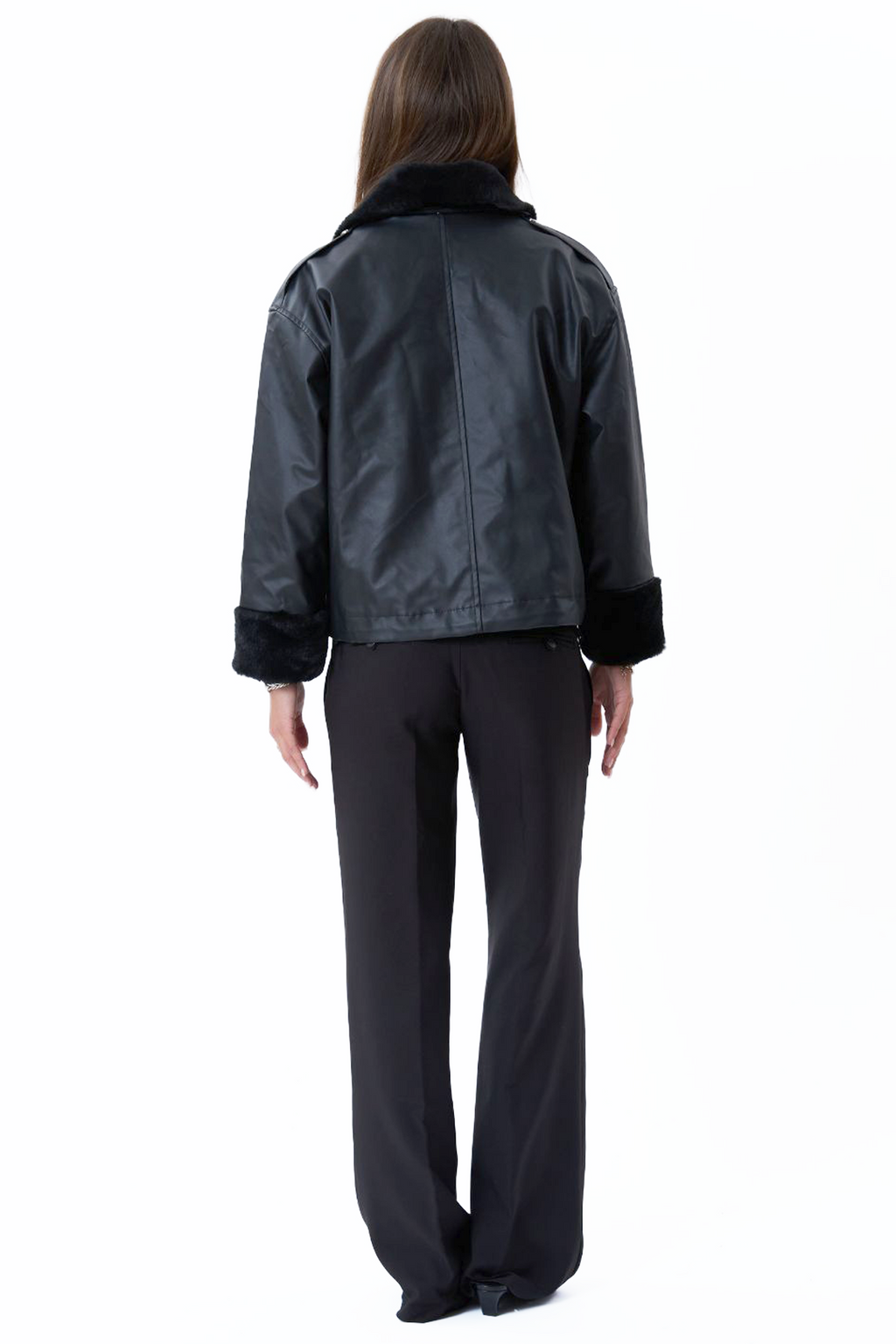 Faux Leather Shearling Jacket - Black