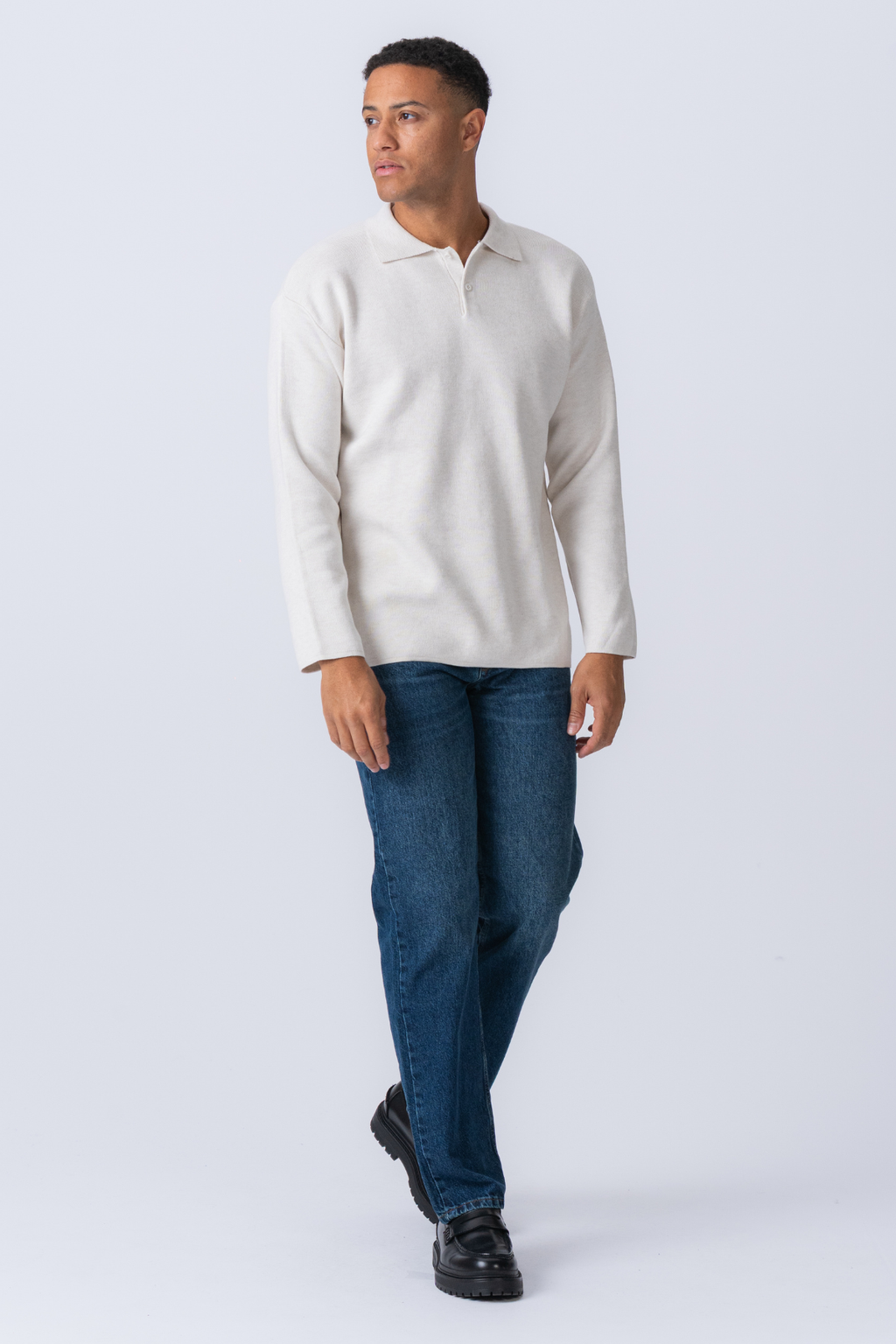 Polo à manches longues en tricot - blanc