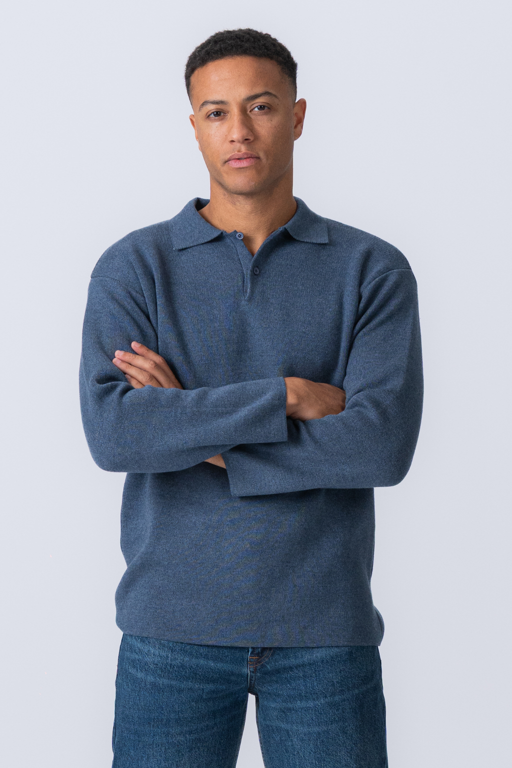 Polo à manches longues en tricot - bleu océan