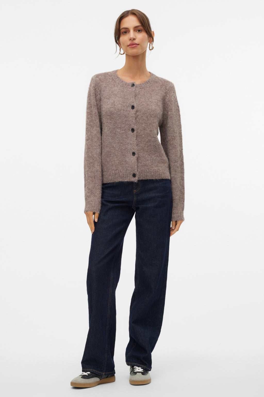 Novah O-Neck Button Cardi - Brown Lentil Melange