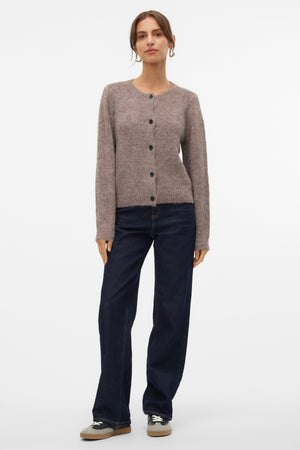 Novah O-Neck Button Cardi - Brown Lentil Melange