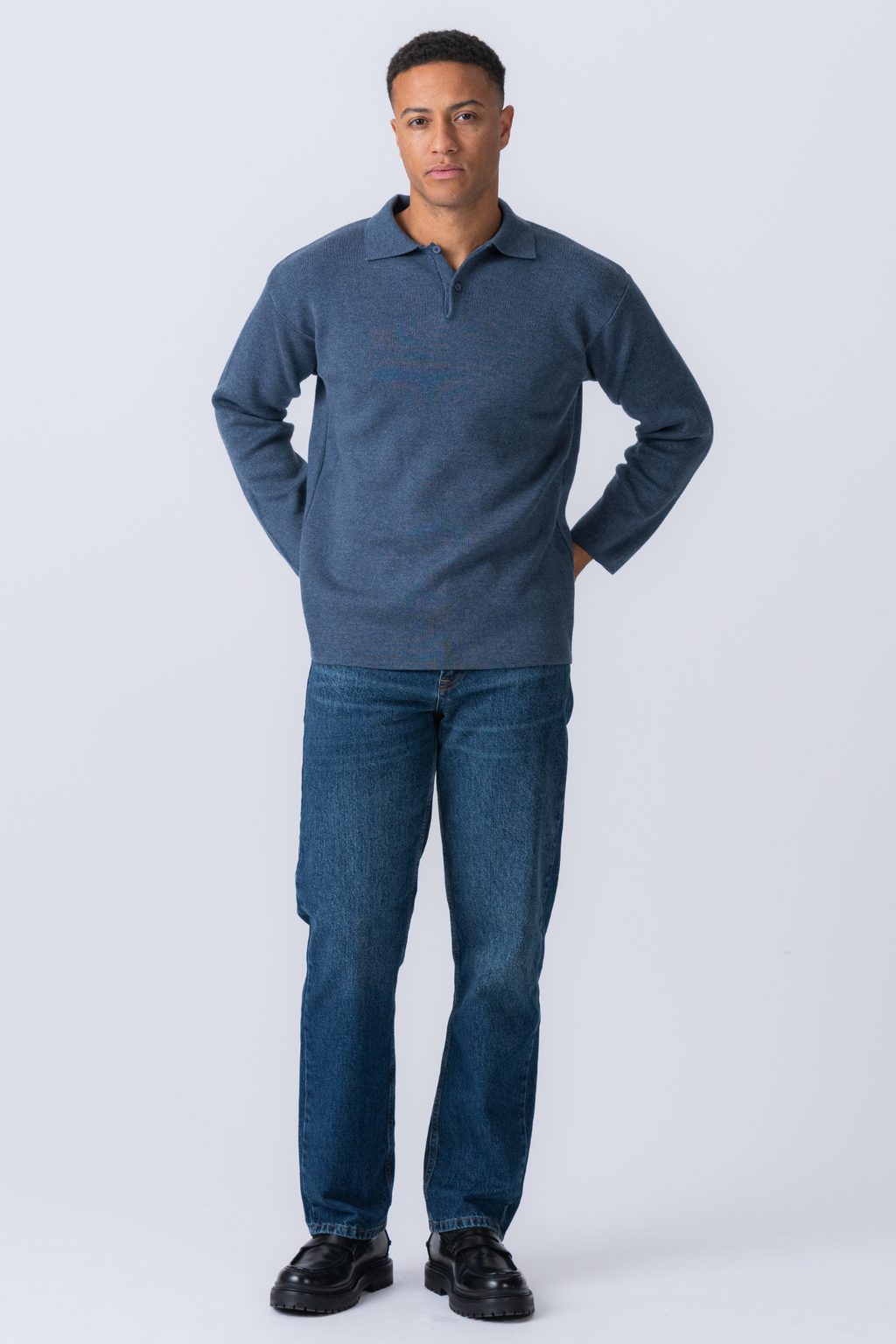 Polo à manches longues en tricot - bleu océan