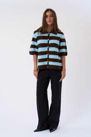 Alba Polo Knit - Chocolate/Light Blue