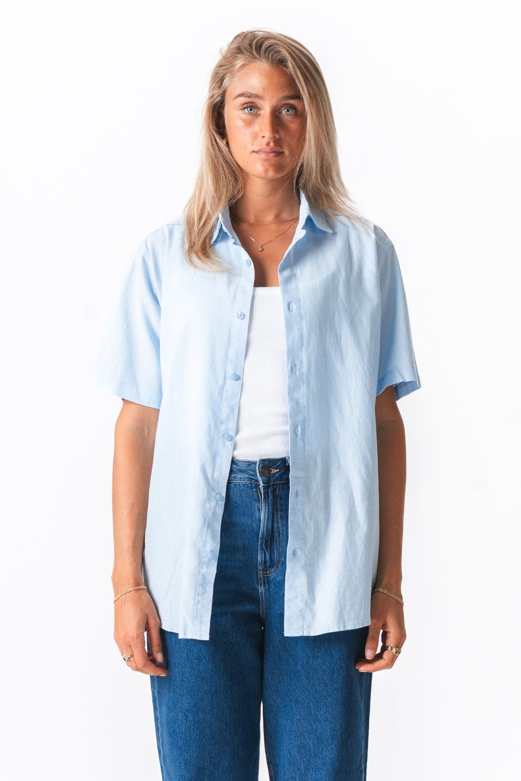 Short Sleeve Linen Shirt - Light Blue