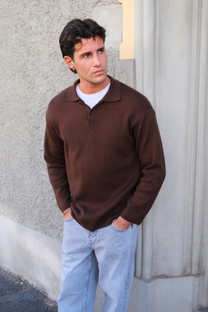 Knitted Long Sleeve Polo - Light Brown