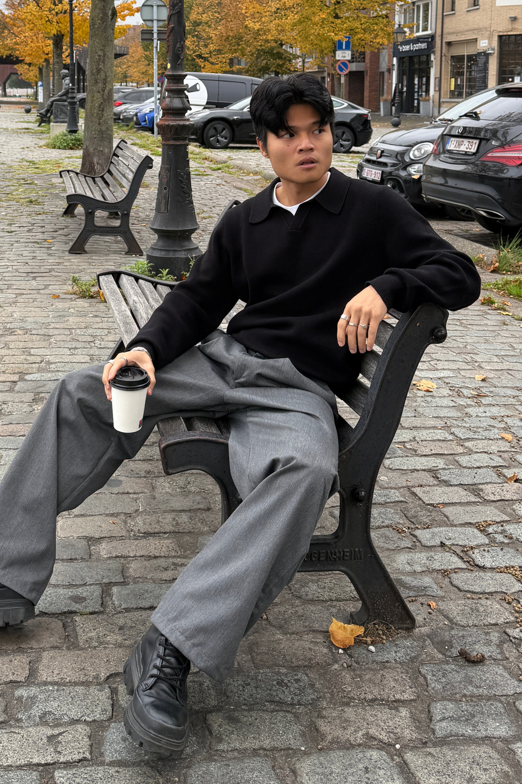 Knitted Long Sleeve Polo - Black