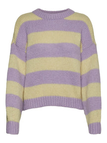 Pull en tricot à col à rayures - violet / jaune